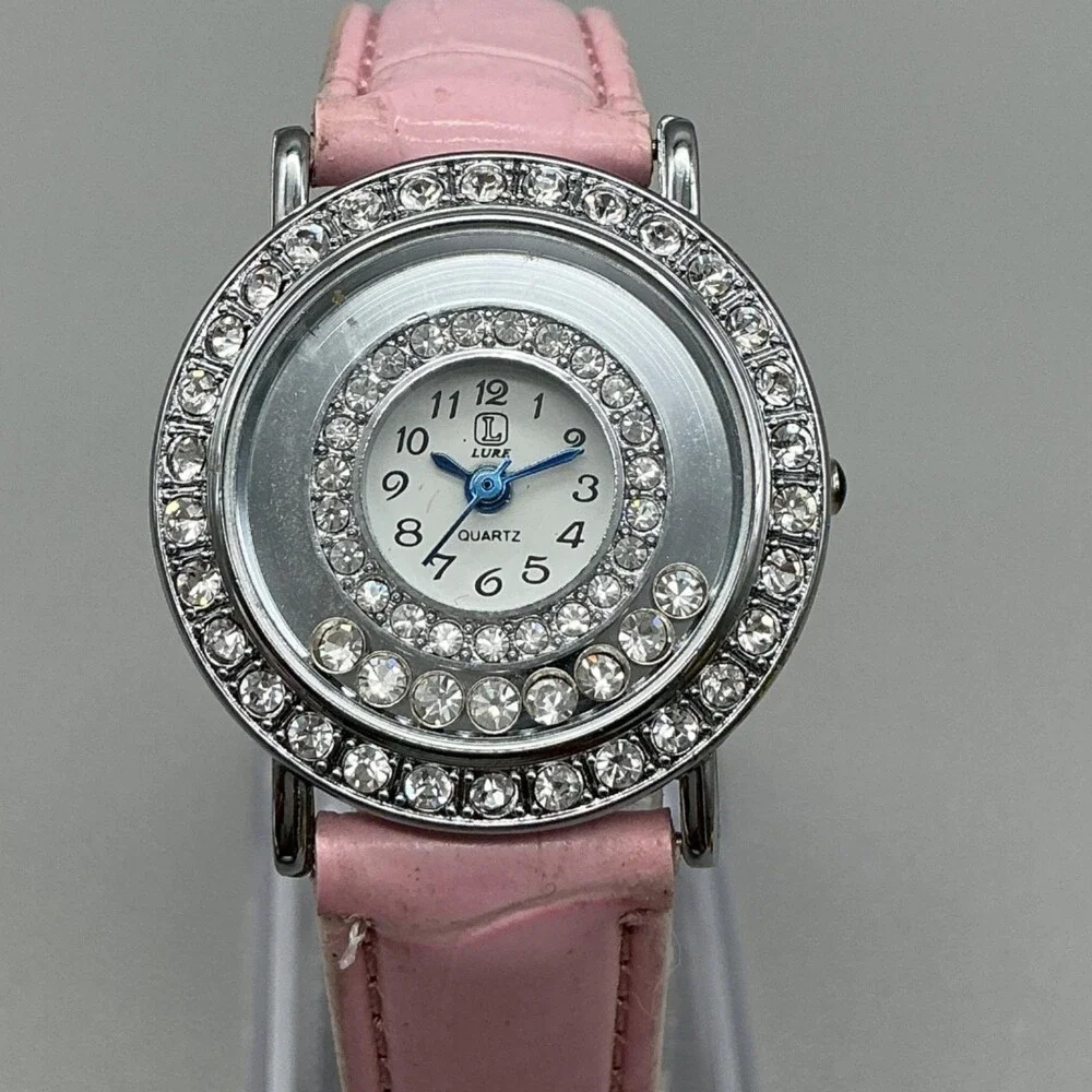 Lure Women Watch 30mm Silver TonePink Leather Floating Crystal Bezel New Battery